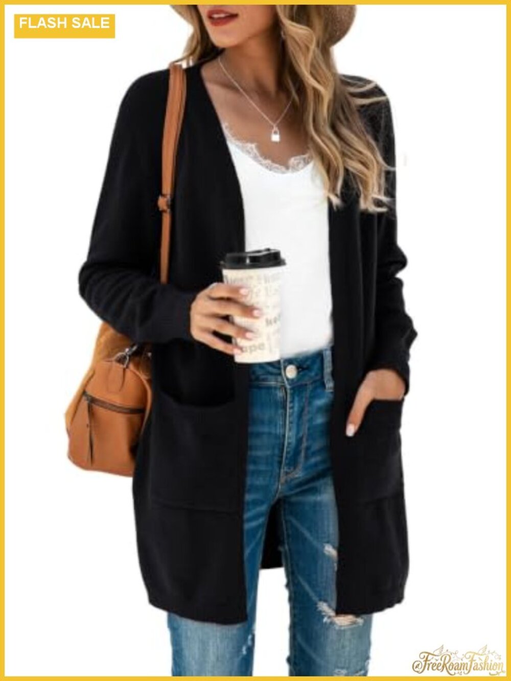 Open Front Cardigan Sweater with Pockets Loose Fit Long Sleeve Knit
